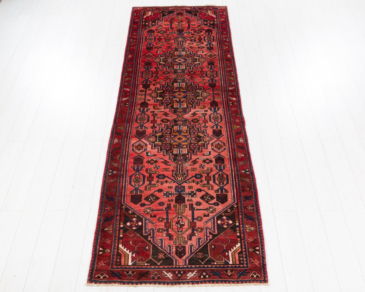 Vintage Zanjan Faded Geometric Wool Runner, Red & Navy Blue, 9' 10" x 3' 3", SKU 5195