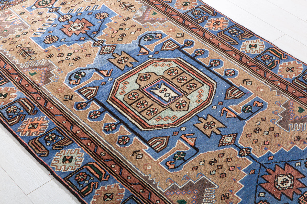 Vintage Brown & Blue Hand-Knotted Wool Rug – 6' 6" x 3' 7" (197 x 109 cm)