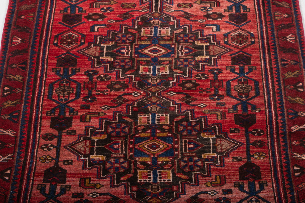Vintage Faded Geometric Wool Runner, Red & Navy Blue – 9' 10" x 3' 3" (300 x 100 cm)