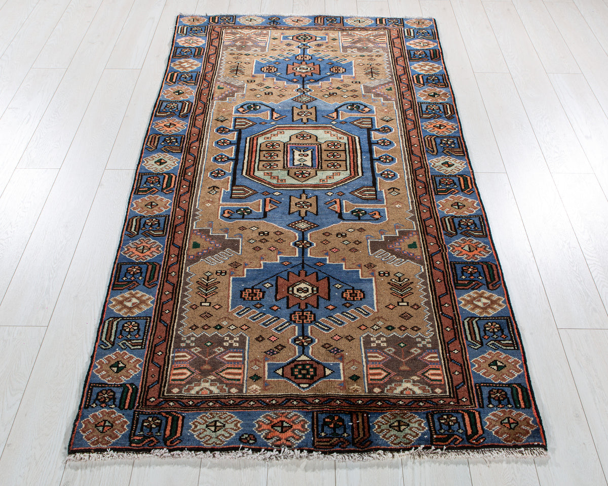 Vintage Brown & Blue Hand-Knotted Wool Rug – 6' 6" x 3' 7" (197 x 109 cm)