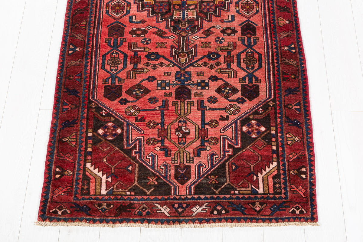 Vintage Faded Geometric Wool Runner, Red & Navy Blue – 9' 10" x 3' 3" (300 x 100 cm)