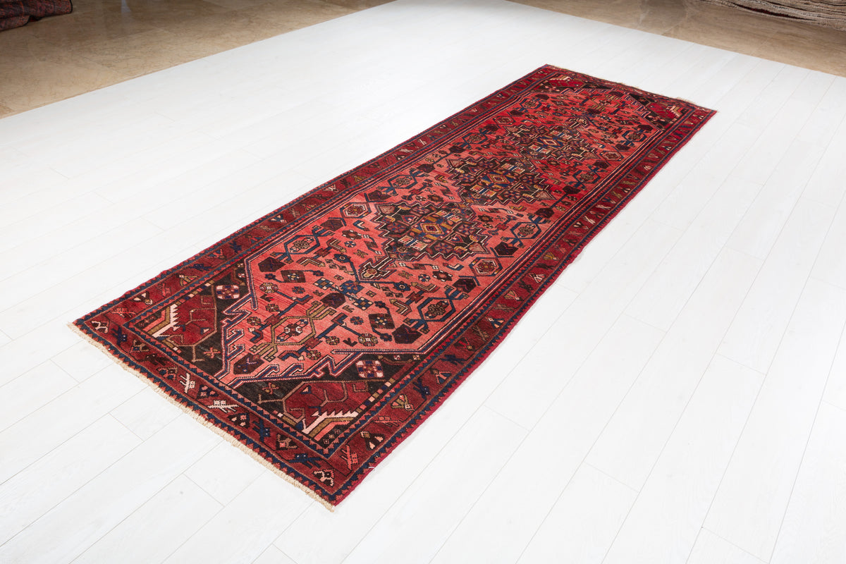 Vintage Faded Geometric Wool Runner, Red & Navy Blue – 9' 10" x 3' 3" (300 x 100 cm)
