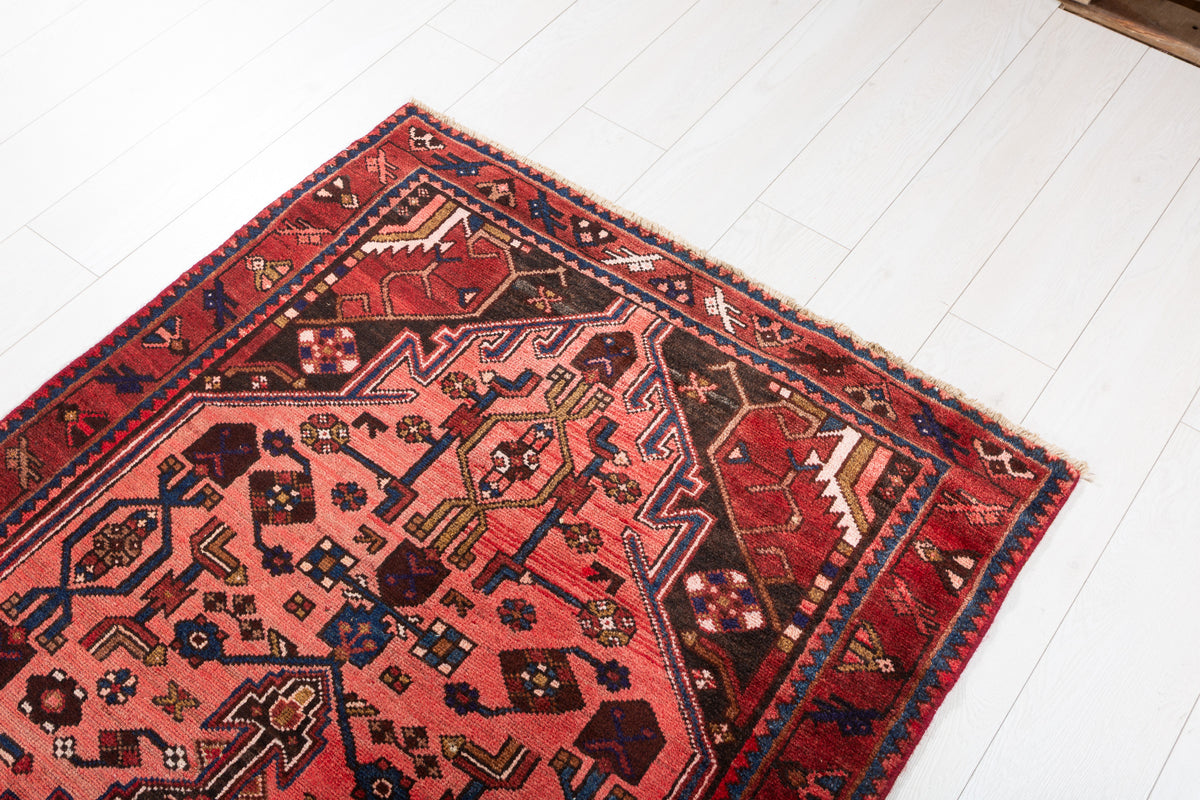 Vintage Faded Geometric Wool Runner, Red & Navy Blue – 9' 10" x 3' 3" (300 x 100 cm)