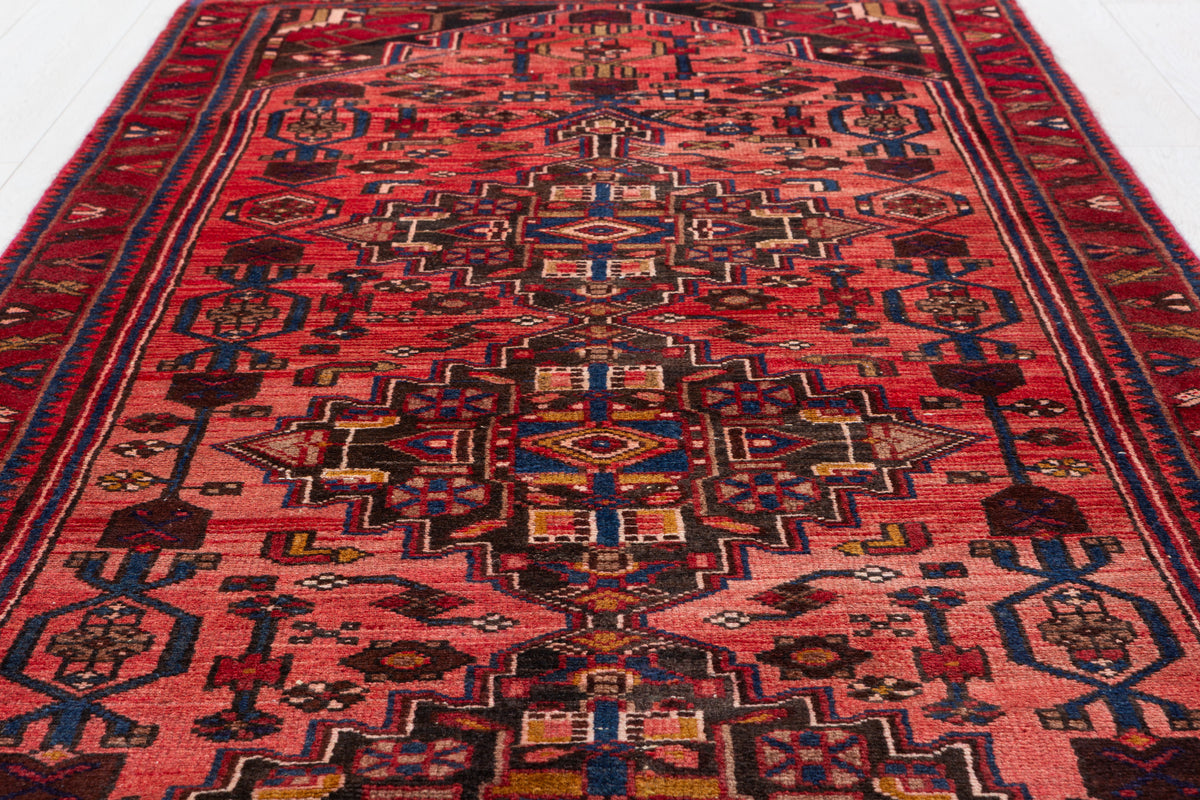Vintage Faded Geometric Wool Runner, Red & Navy Blue – 9' 10" x 3' 3" (300 x 100 cm)