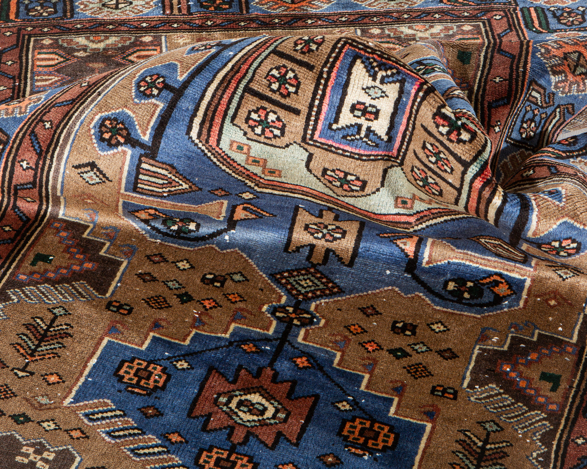 Vintage Brown & Blue Hand-Knotted Wool Rug – 6' 6" x 3' 7" (197 x 109 cm)