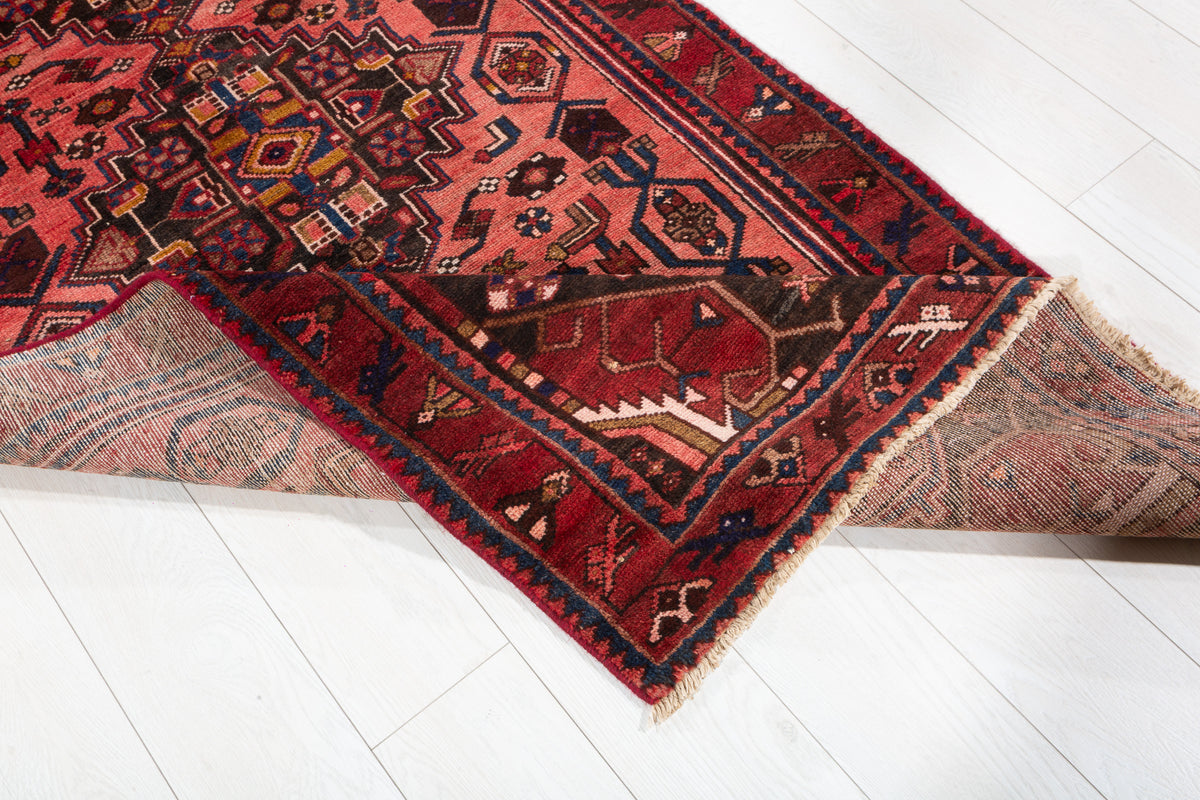 Vintage Faded Geometric Wool Runner, Red & Navy Blue – 9' 10" x 3' 3" (300 x 100 cm)