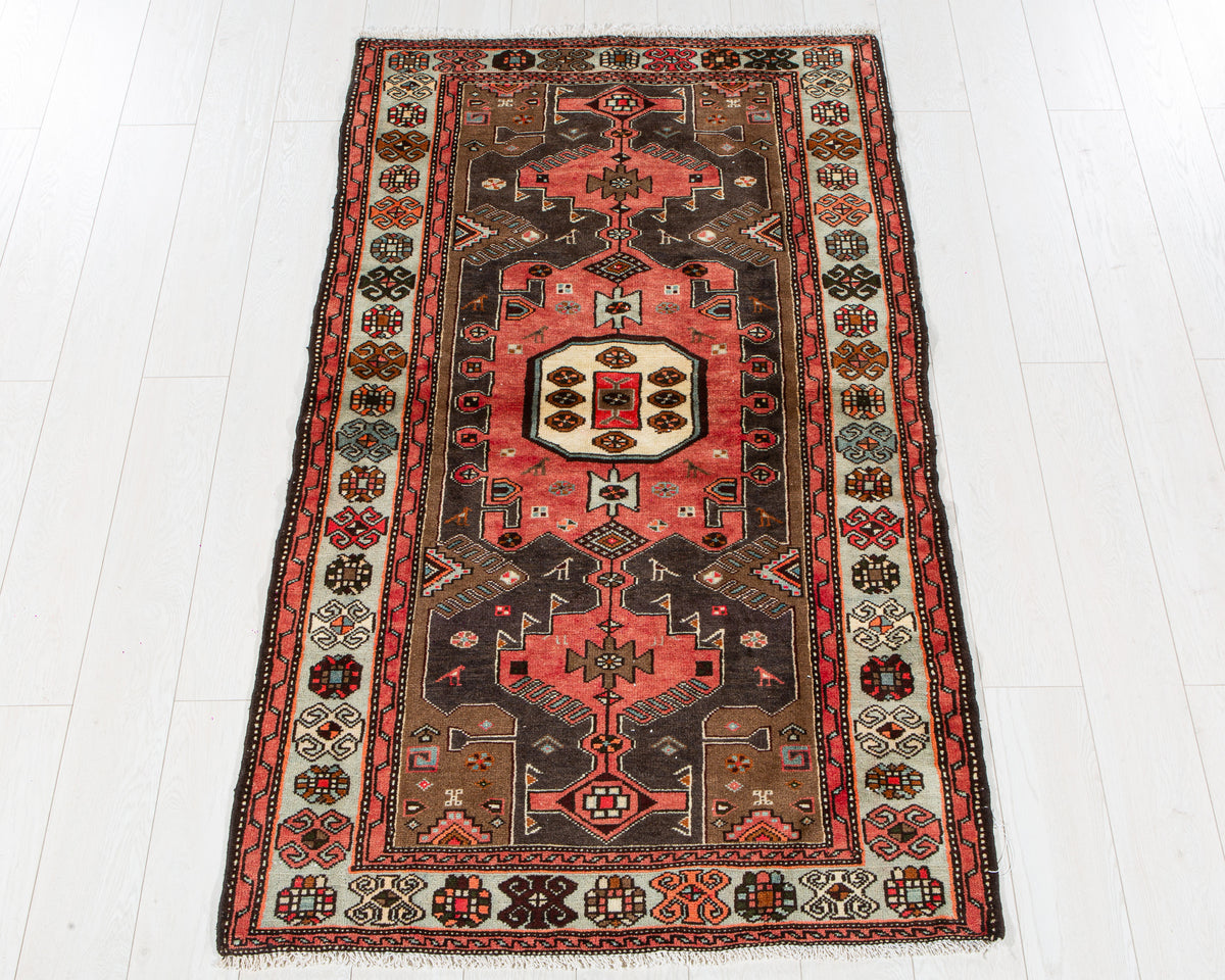 Vintage Coral, Black, Brown & Blue Hand-Knotted Wool Rug – 5' 11" x 3' 4" (181 x 102 cm)