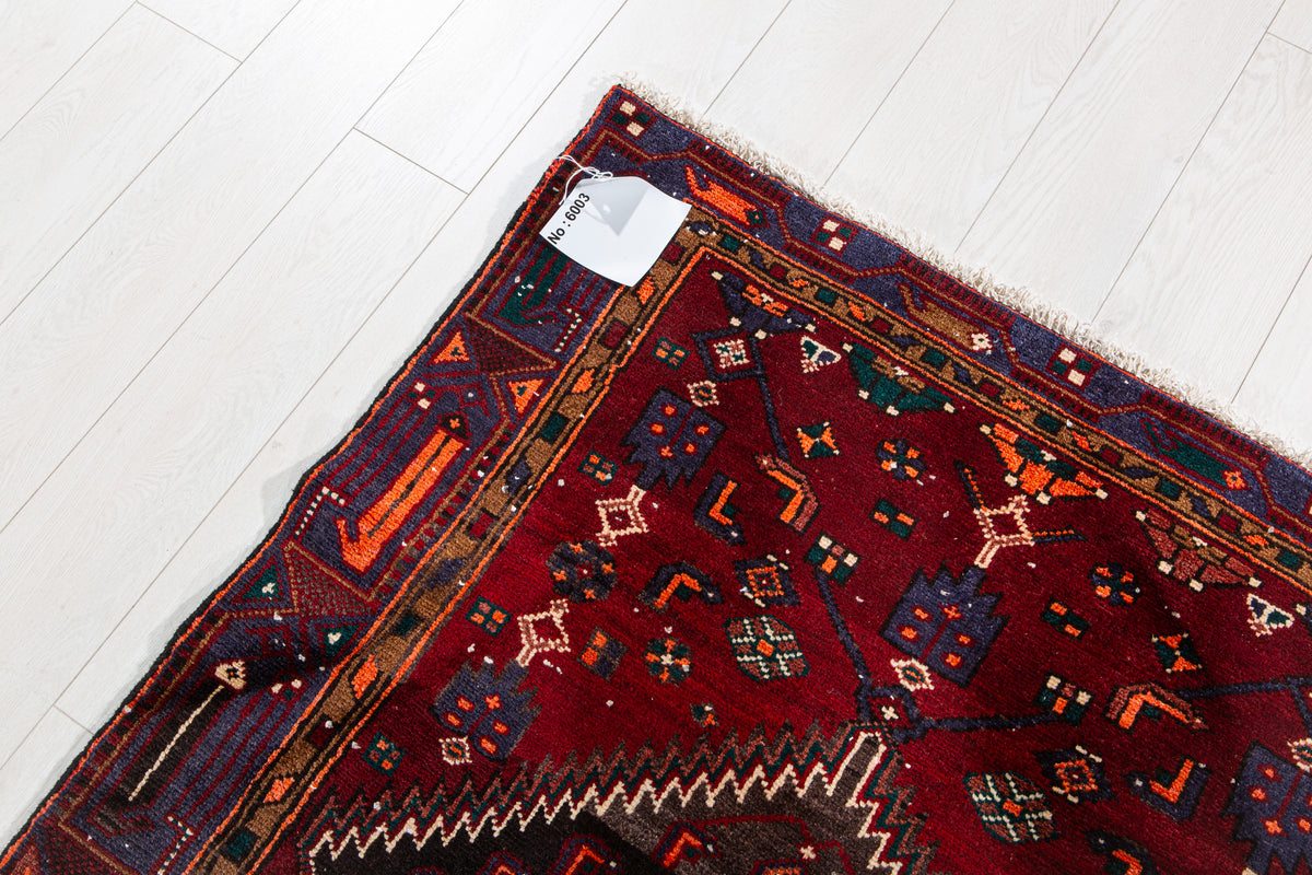 Vintage Red & Black Hand-Knotted Wool Rug – 7' 6" x 3' 10" (228 x 116 cm)