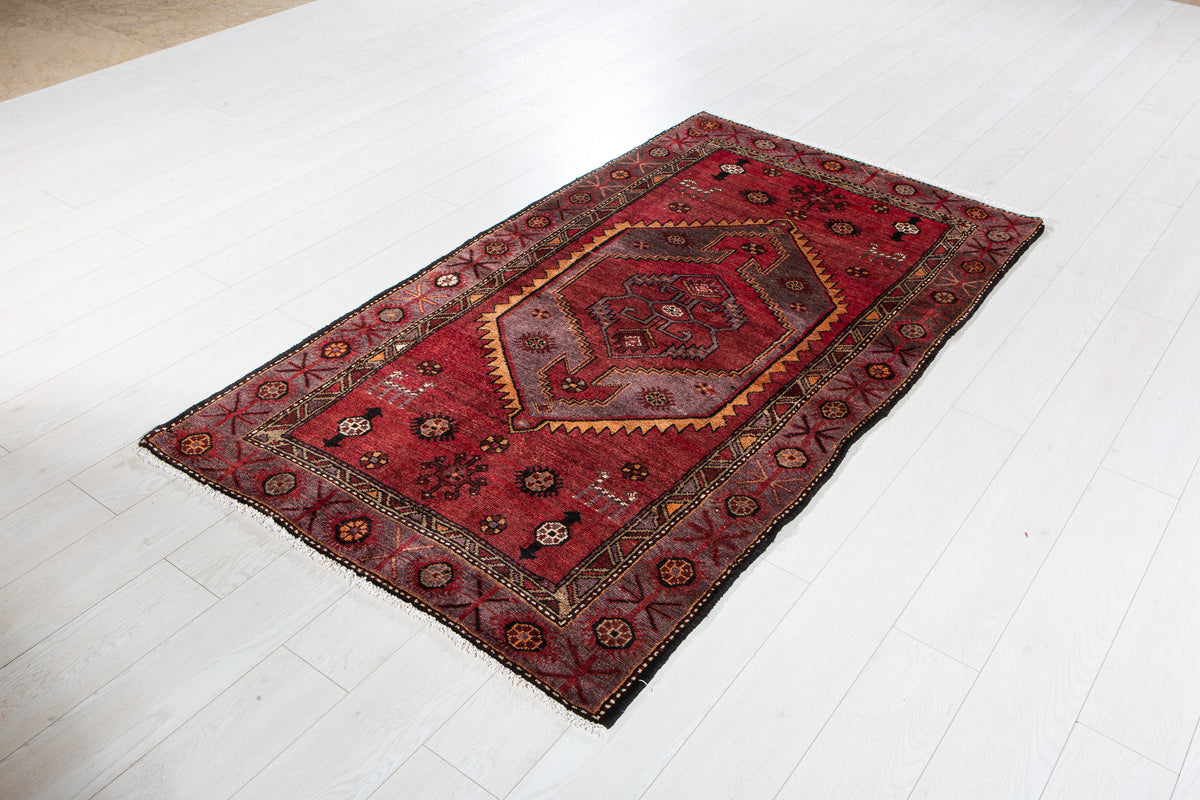 Vintage Red Hand-Knotted Wool Rug – 6' 4" x 3' 7" (193 x 109 cm)