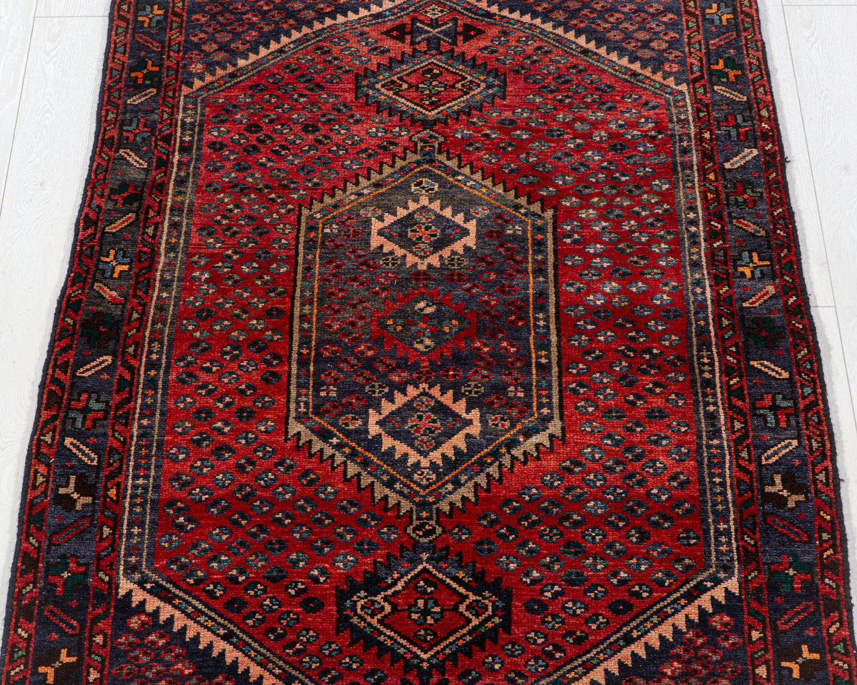 Vintage Red & Navy Blue Hand-Knotted Wool Rug – 6' 6" x 3' 4" (198 x 102 cm)