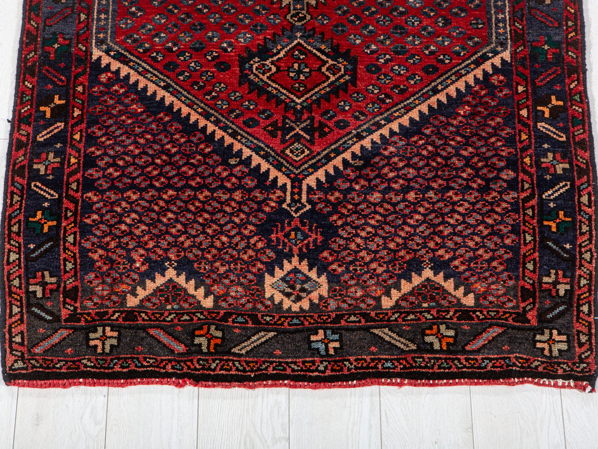 Vintage Red & Navy Blue Hand-Knotted Wool Rug – 6' 6" x 3' 4" (198 x 102 cm)