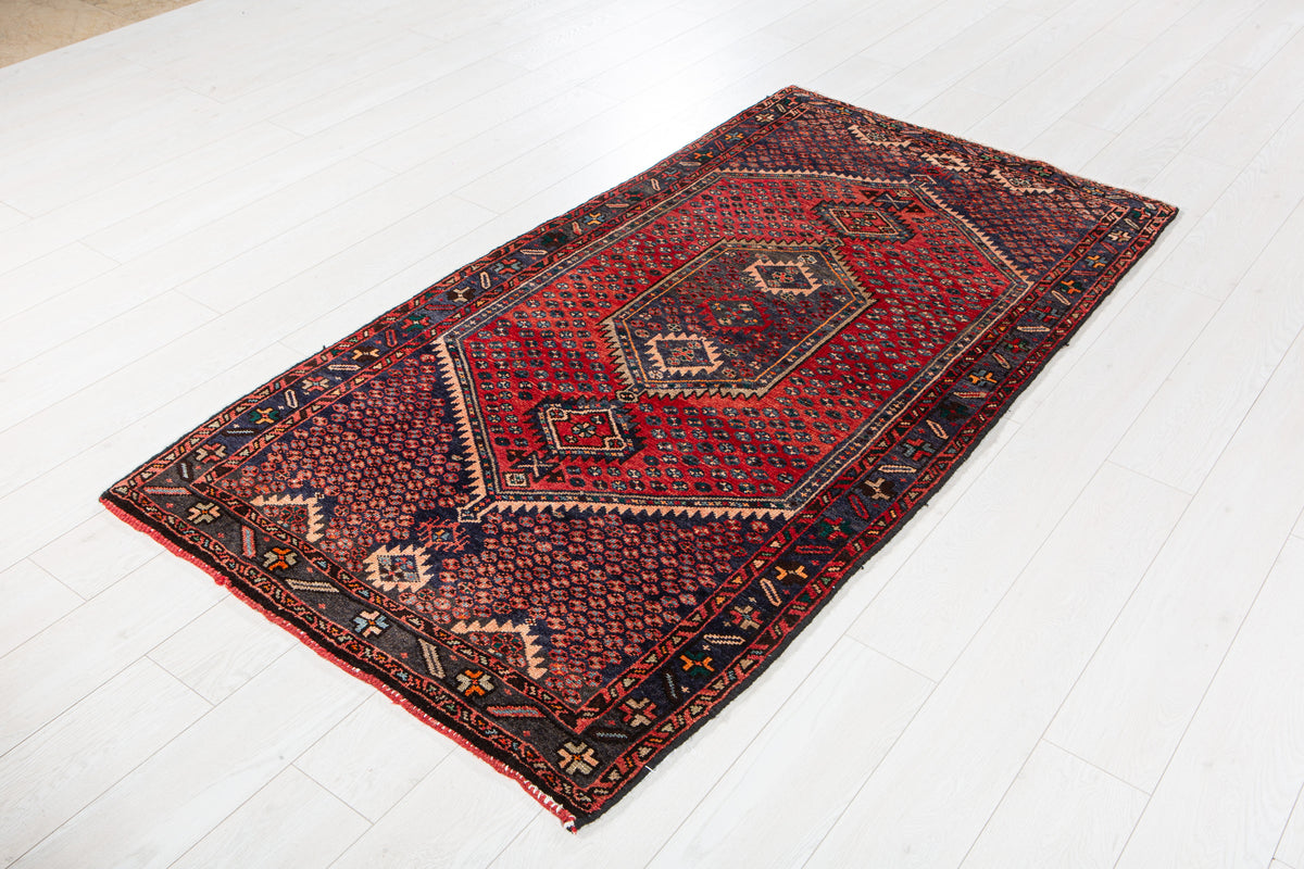 Vintage Red & Navy Blue Hand-Knotted Wool Rug – 6' 6" x 3' 4" (198 x 102 cm)