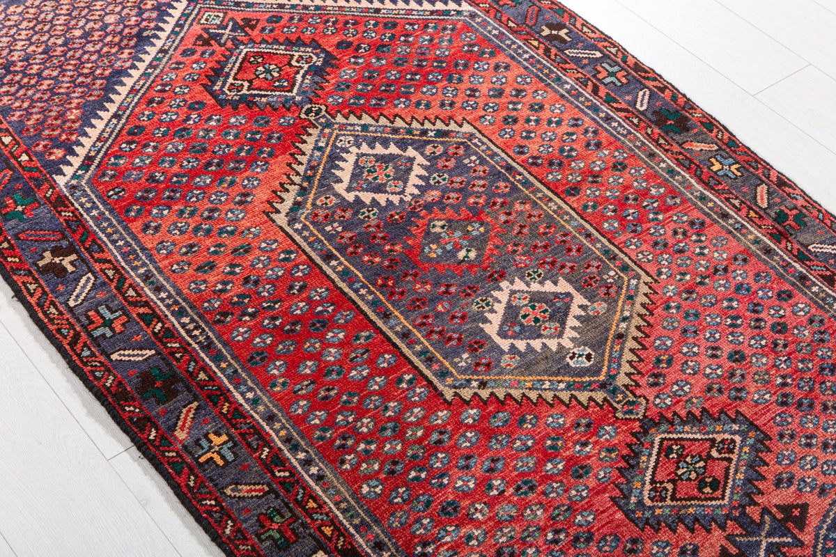Vintage Red & Navy Blue Hand-Knotted Wool Rug – 6' 6" x 3' 4" (198 x 102 cm)