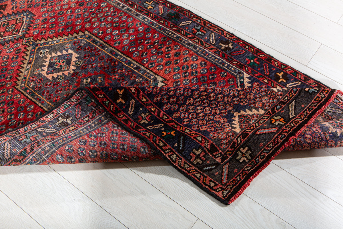 Vintage Red & Navy Blue Hand-Knotted Wool Rug – 6' 6" x 3' 4" (198 x 102 cm)