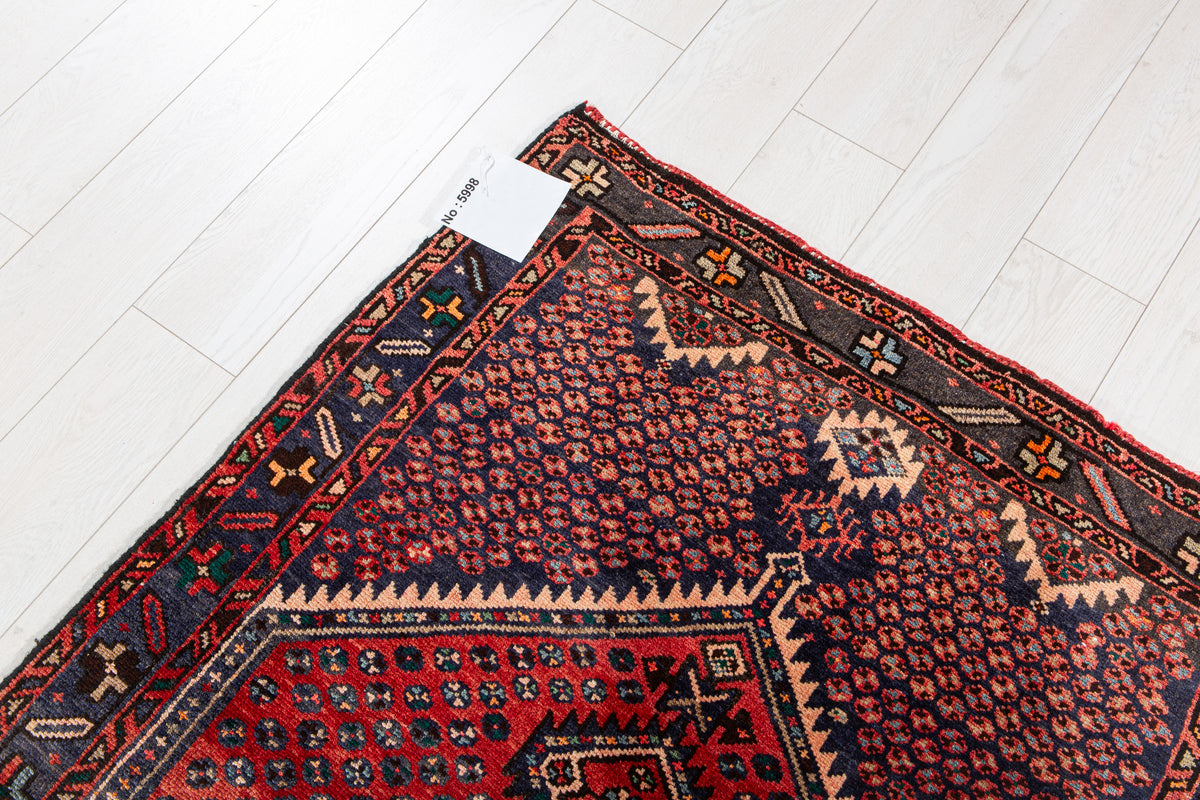 Vintage Red & Navy Blue Hand-Knotted Wool Rug – 6' 6" x 3' 4" (198 x 102 cm)