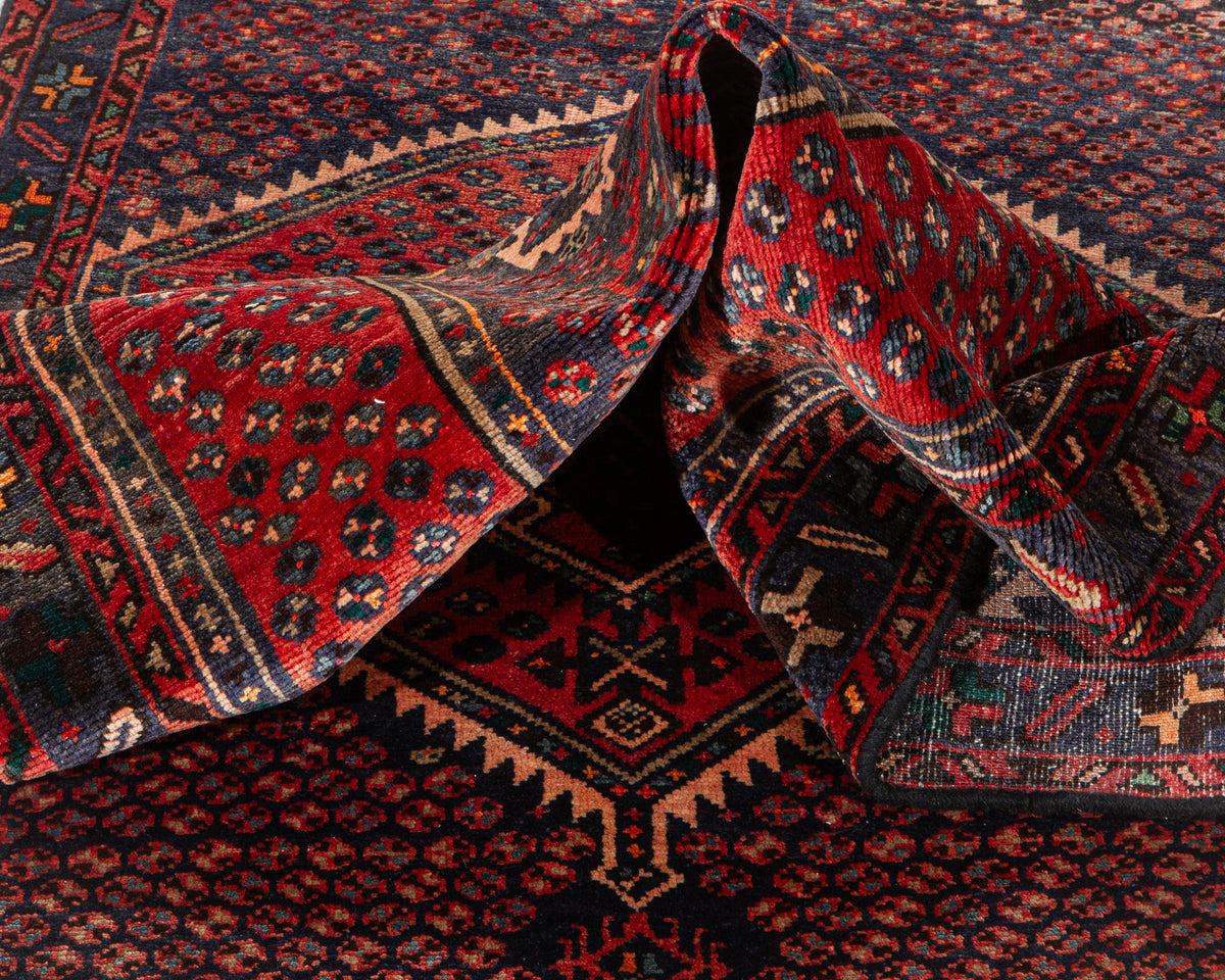 Vintage Red & Navy Blue Hand-Knotted Wool Rug – 6' 6" x 3' 4" (198 x 102 cm)