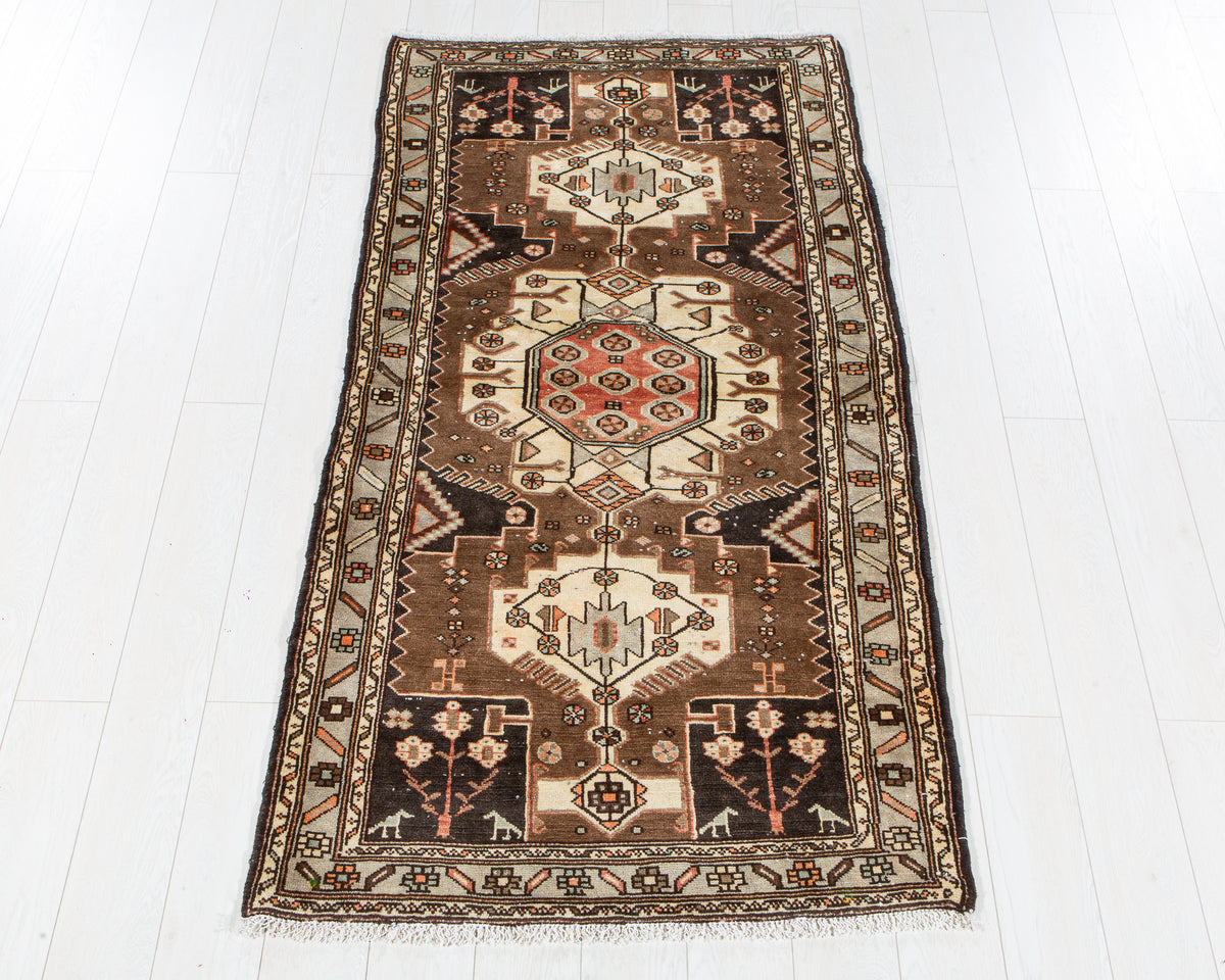 Vintage Brown & Light Blue Hand-Knotted Wool Rug – 6' 7" x 3' 4" (201 x 101 cm)