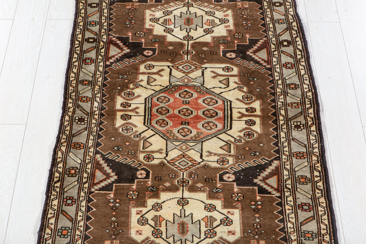 Vintage Brown & Light Blue Hand-Knotted Wool Rug – 6' 7" x 3' 4" (201 x 101 cm)