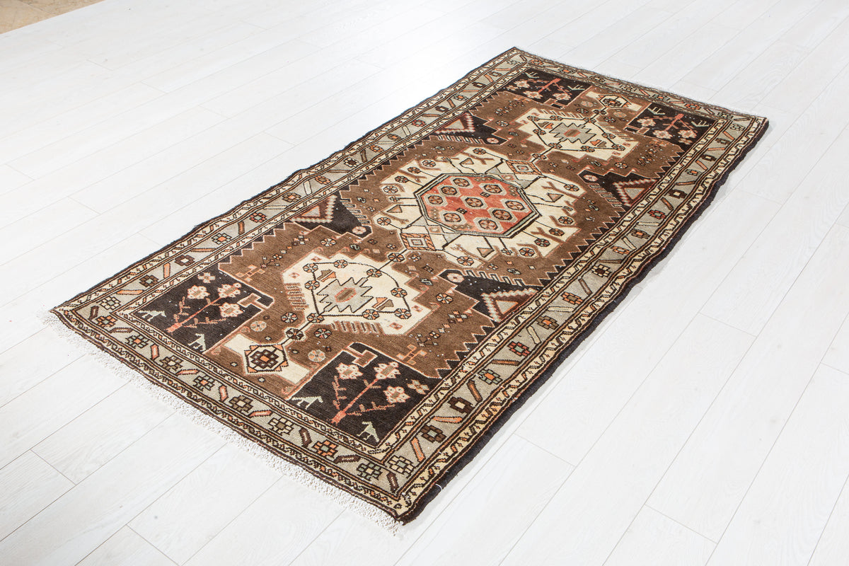 Vintage Brown & Light Blue Hand-Knotted Wool Rug – 6' 7" x 3' 4" (201 x 101 cm)