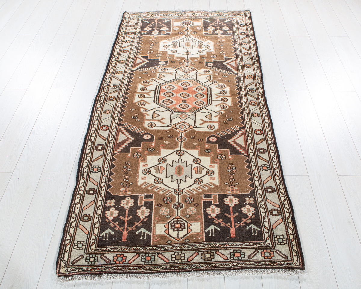 Vintage Brown & Light Blue Hand-Knotted Wool Rug – 6' 7" x 3' 4" (201 x 101 cm)