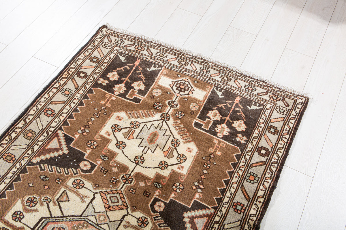 Vintage Brown & Light Blue Hand-Knotted Wool Rug – 6' 7" x 3' 4" (201 x 101 cm)