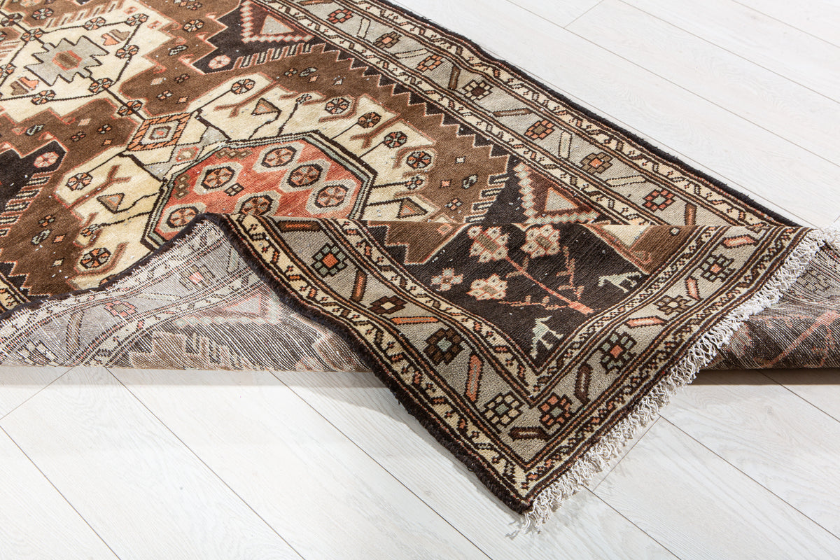 Vintage Brown & Light Blue Hand-Knotted Wool Rug – 6' 7" x 3' 4" (201 x 101 cm)