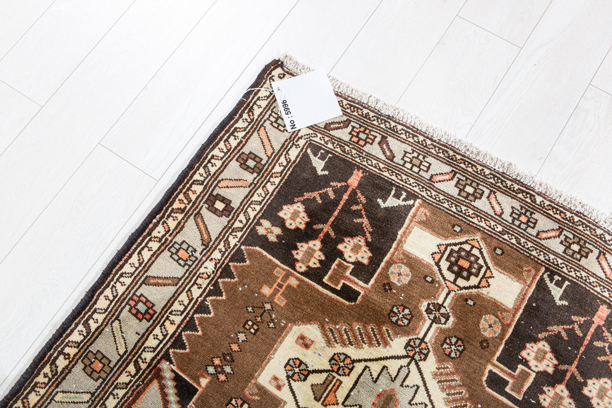 Vintage Brown & Light Blue Hand-Knotted Wool Rug – 6' 7" x 3' 4" (201 x 101 cm)