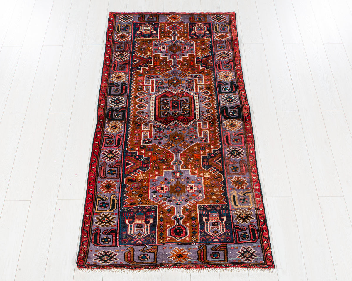 Vintage Brown & Purple Hand-Knotted Wool Rug – 6' 4" x 3' 2" (194 x 97 cm)