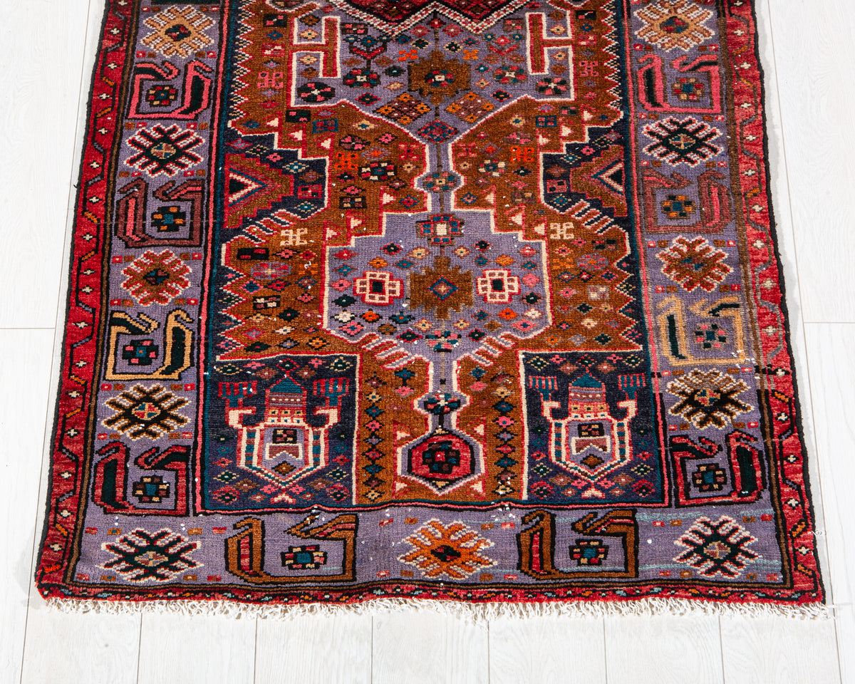 Vintage Brown & Purple Hand-Knotted Wool Rug – 6' 4" x 3' 2" (194 x 97 cm)