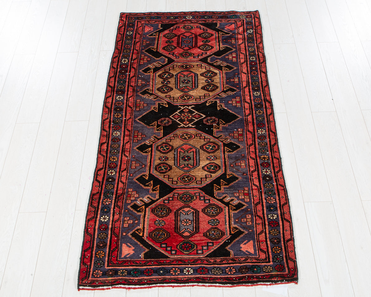 Vintage Red & Navy Blue Hand-Knotted Wool Rug – 6' 6" x 3' 4" (199 x 101 cm)