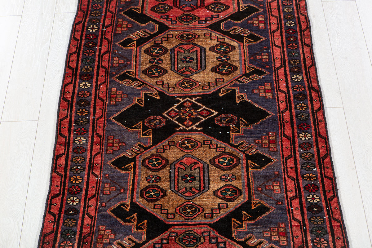 Vintage Red & Navy Blue Hand-Knotted Wool Rug – 6' 6" x 3' 4" (199 x 101 cm)