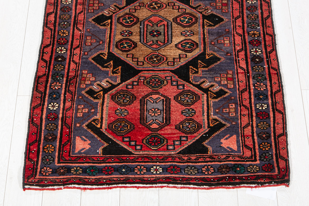 Vintage Red & Navy Blue Hand-Knotted Wool Rug – 6' 6" x 3' 4" (199 x 101 cm)