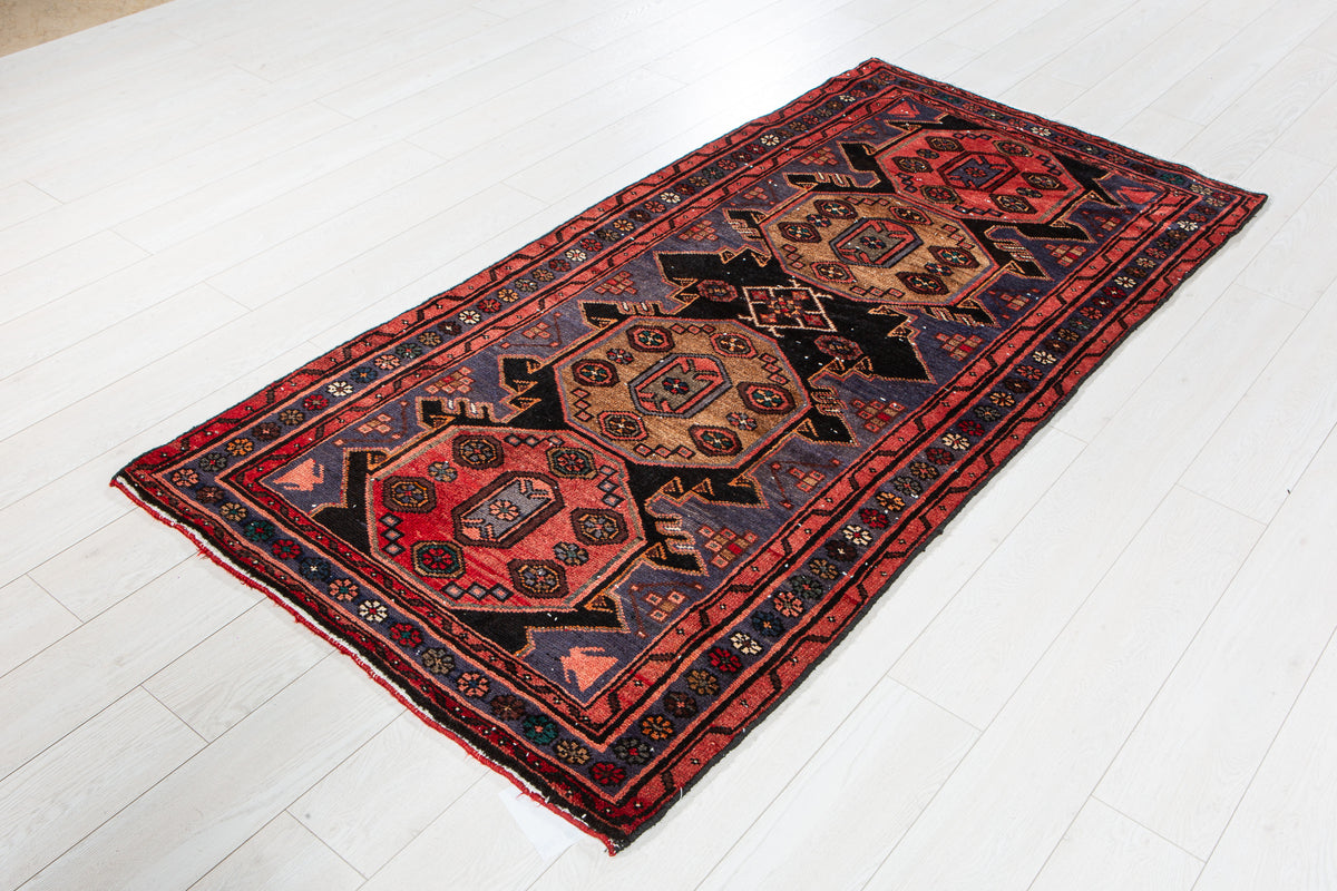 Vintage Red & Navy Blue Hand-Knotted Wool Rug – 6' 6" x 3' 4" (199 x 101 cm)