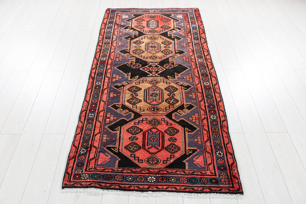 Vintage Red & Navy Blue Hand-Knotted Wool Rug – 6' 6" x 3' 4" (199 x 101 cm)
