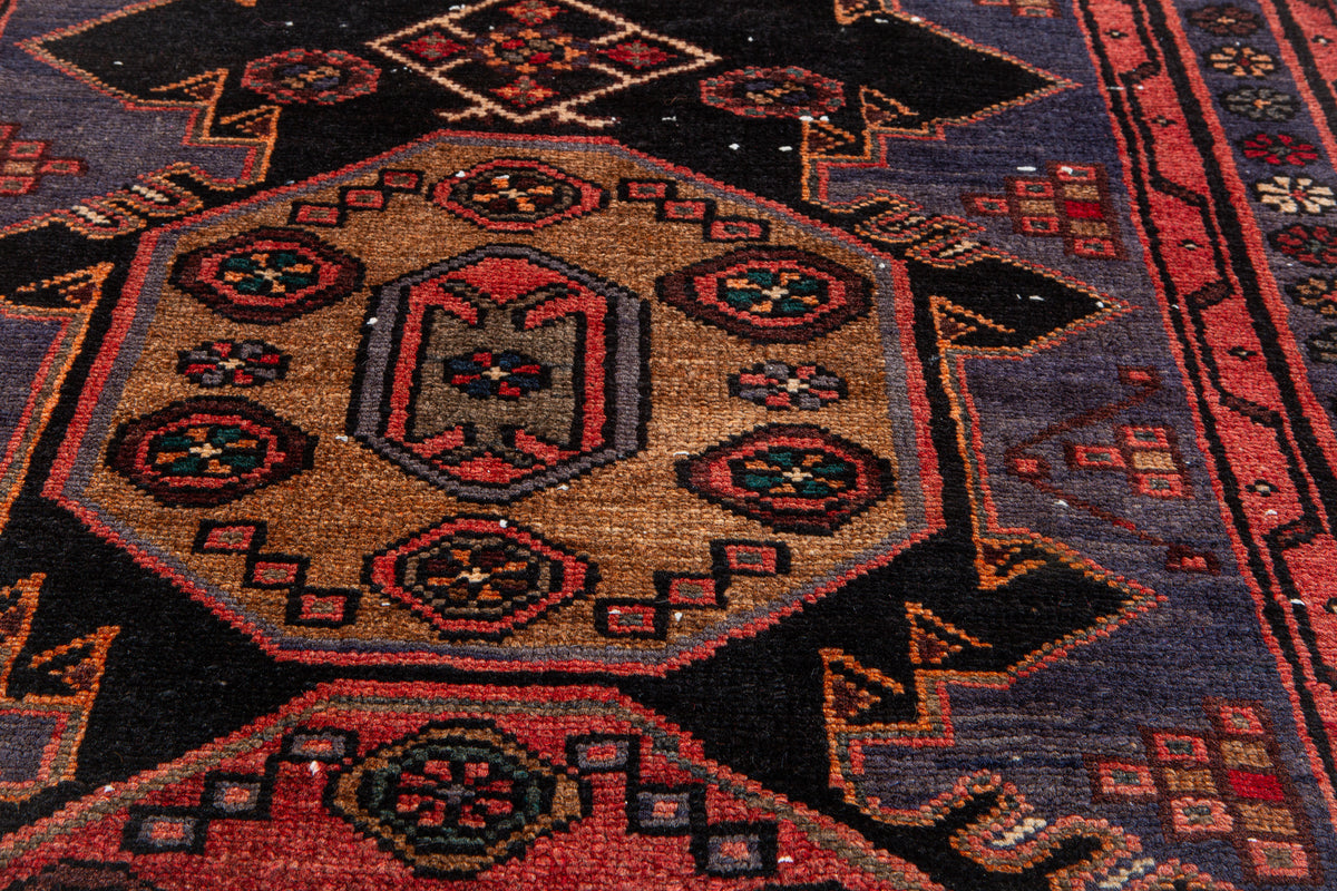 Vintage Red & Navy Blue Hand-Knotted Wool Rug – 6' 6" x 3' 4" (199 x 101 cm)