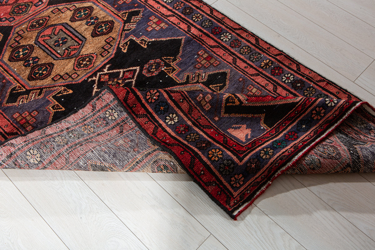 Vintage Red & Navy Blue Hand-Knotted Wool Rug – 6' 6" x 3' 4" (199 x 101 cm)