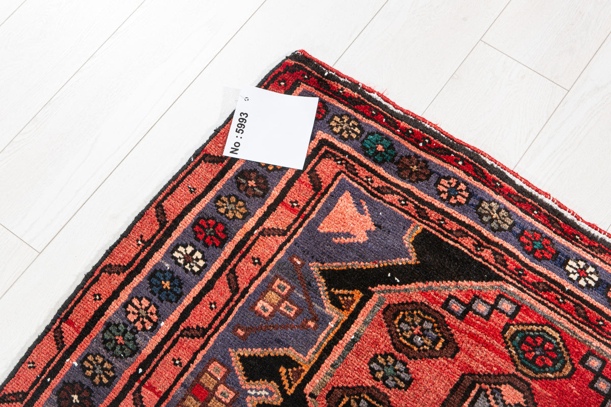 Vintage Red & Navy Blue Hand-Knotted Wool Rug – 6' 6" x 3' 4" (199 x 101 cm)