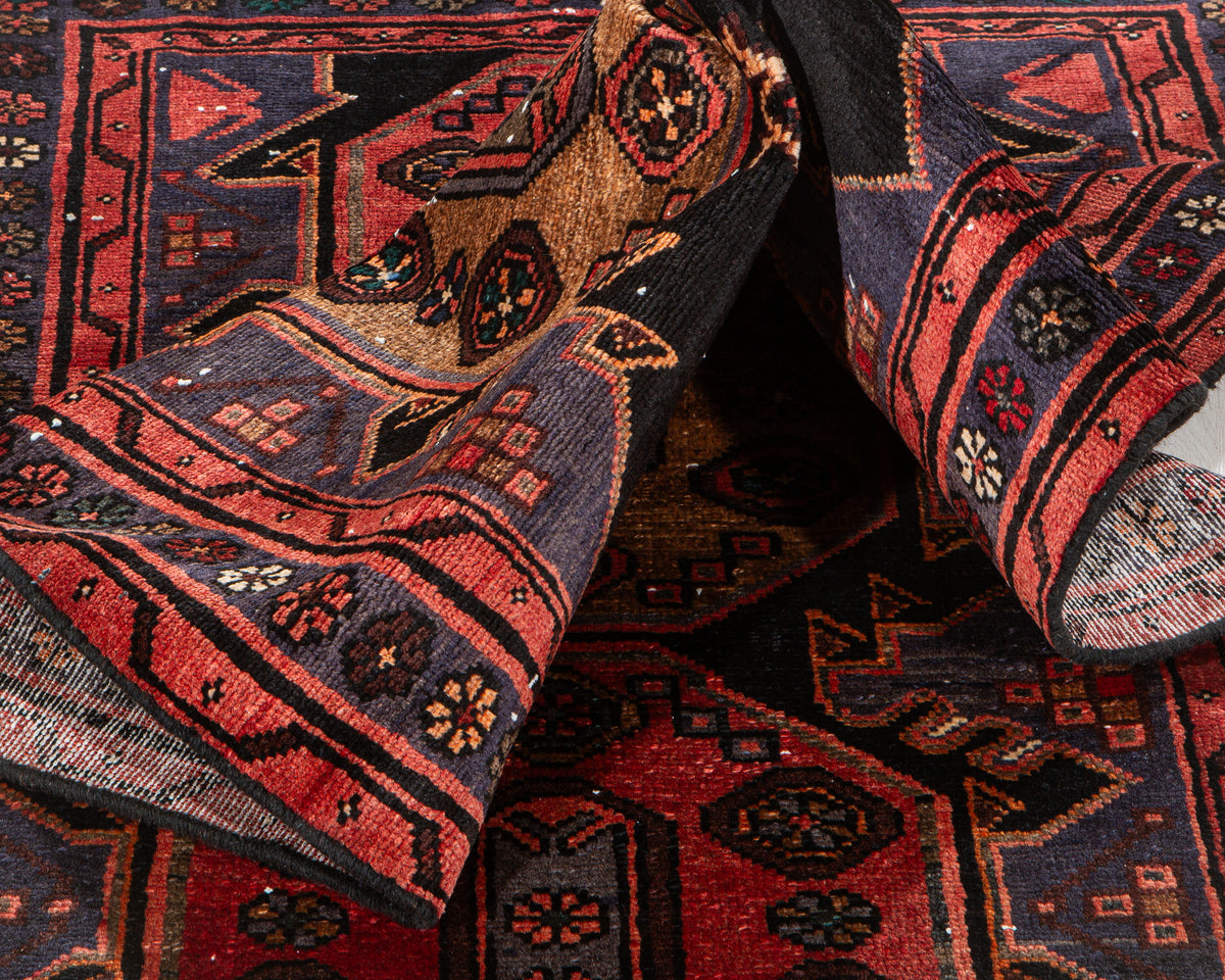 Vintage Red & Navy Blue Hand-Knotted Wool Rug – 6' 6" x 3' 4" (199 x 101 cm)