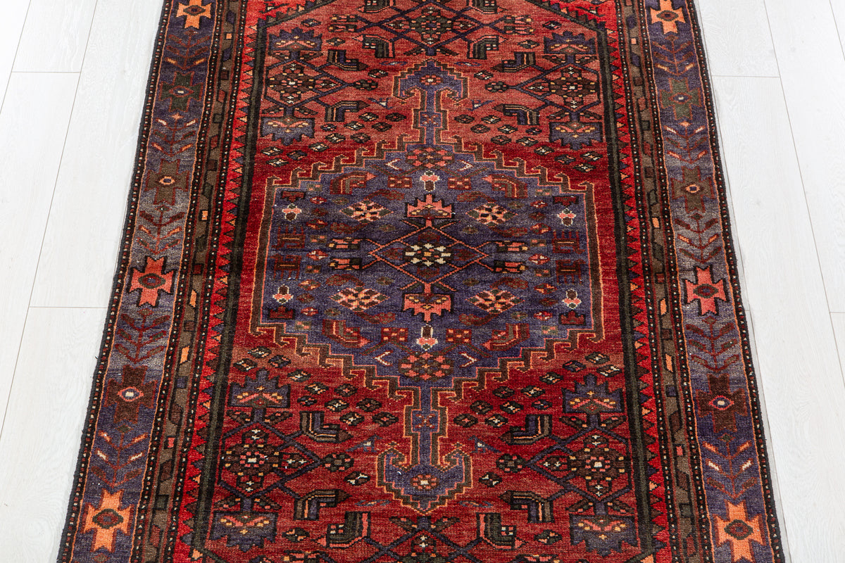 Vintage Rust Red & Navy Blue Hand-Knotted Wool Rug – 7' 1" x 3' 9" (215 x 115 cm)
