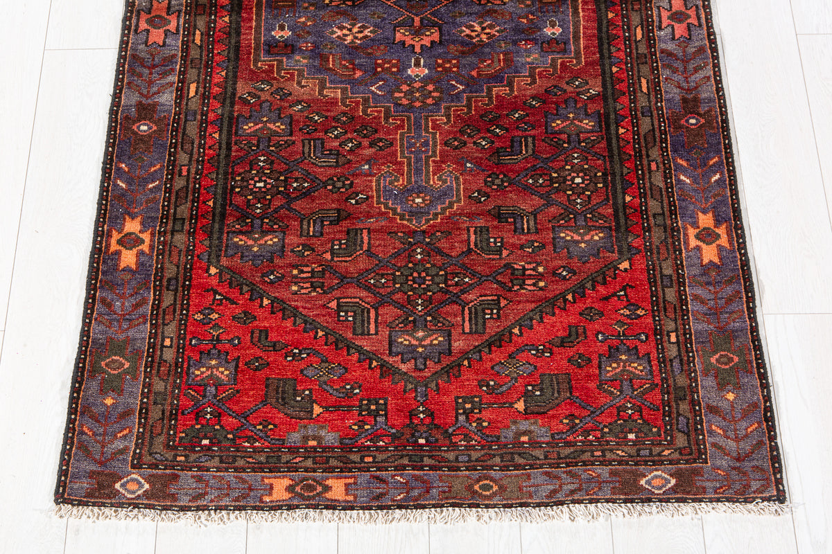 Vintage Rust Red & Navy Blue Hand-Knotted Wool Rug – 7' 1" x 3' 9" (215 x 115 cm)