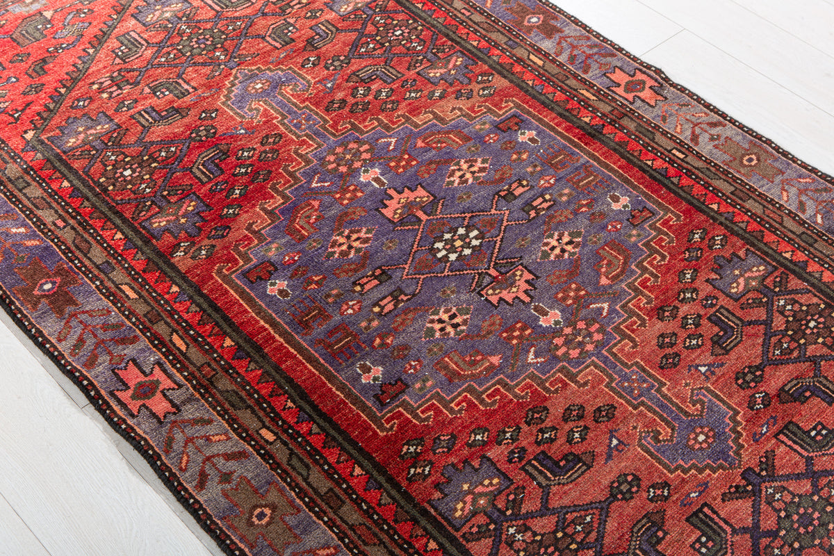 Vintage Rust Red & Navy Blue Hand-Knotted Wool Rug – 7' 1" x 3' 9" (215 x 115 cm)