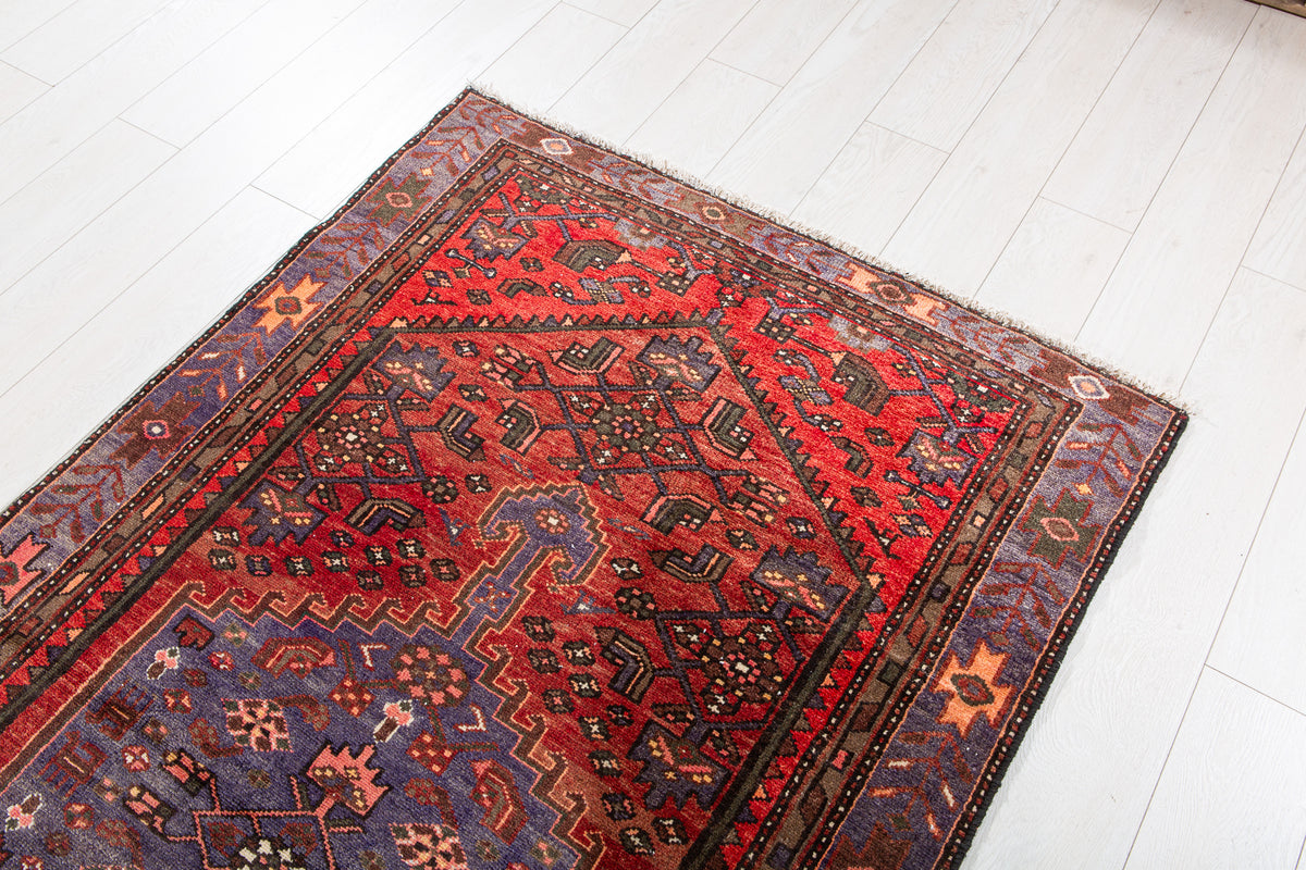 Vintage Rust Red & Navy Blue Hand-Knotted Wool Rug – 7' 1" x 3' 9" (215 x 115 cm)
