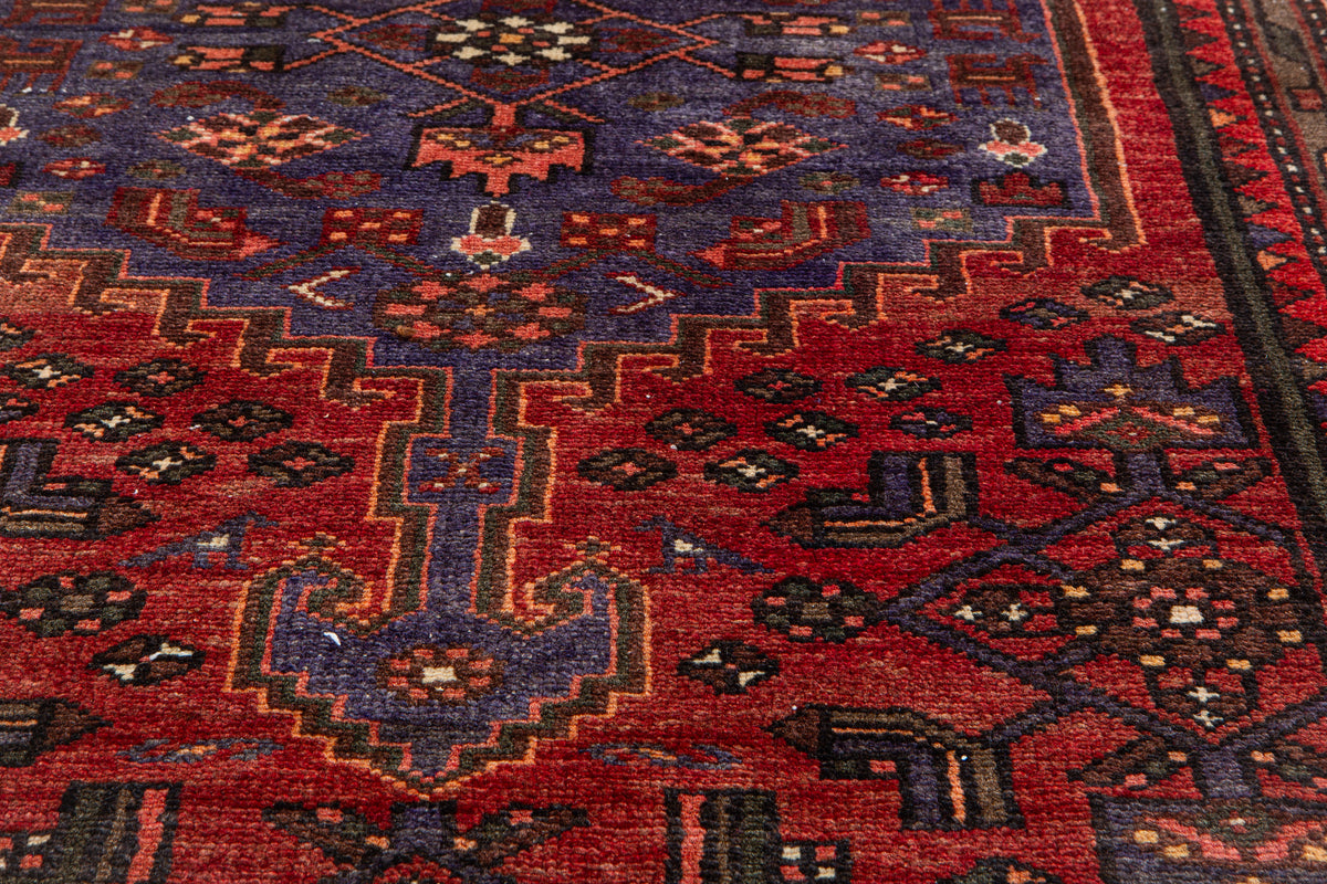 Vintage Rust Red & Navy Blue Hand-Knotted Wool Rug – 7' 1" x 3' 9" (215 x 115 cm)