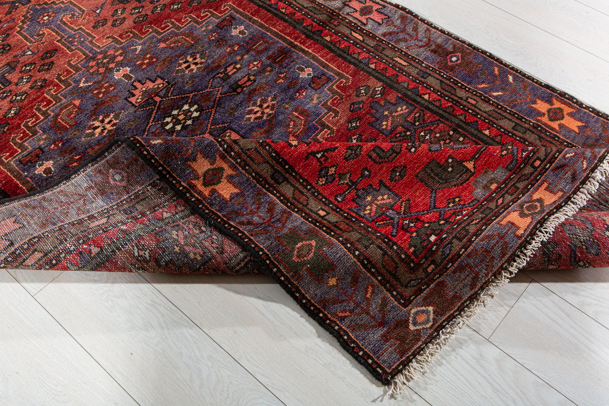 Vintage Rust Red & Navy Blue Hand-Knotted Wool Rug – 7' 1" x 3' 9" (215 x 115 cm)