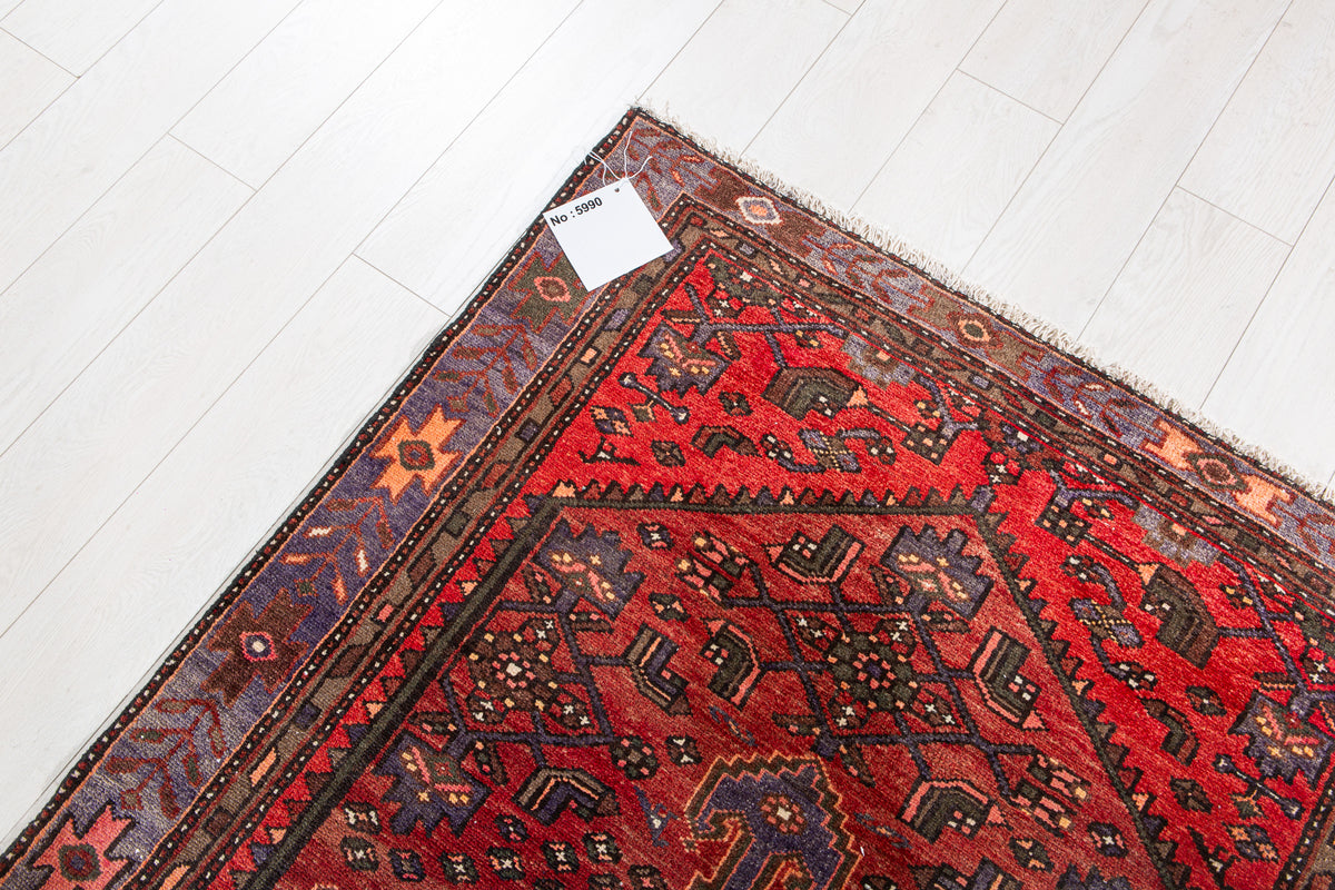 Vintage Rust Red & Navy Blue Hand-Knotted Wool Rug – 7' 1" x 3' 9" (215 x 115 cm)