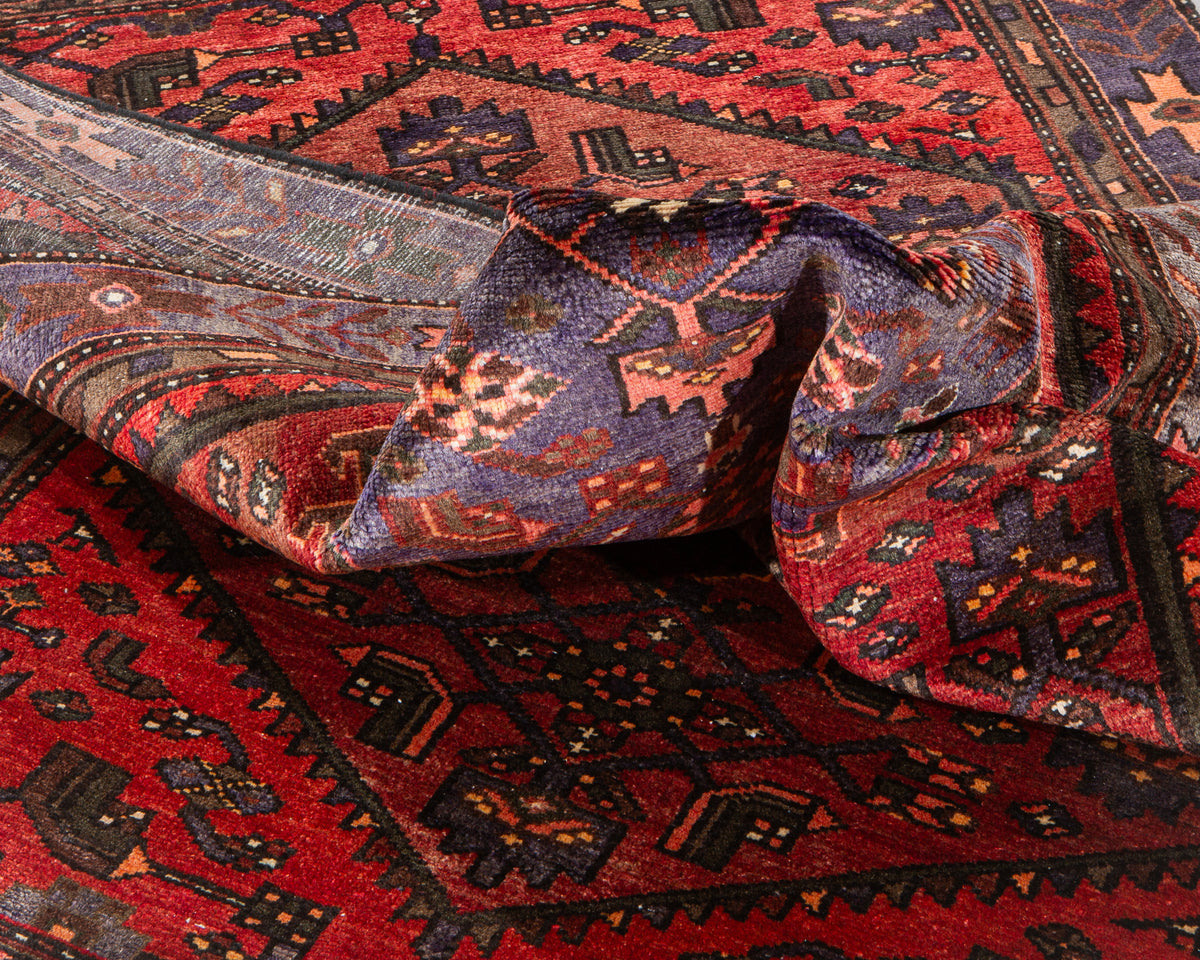 Vintage Rust Red & Navy Blue Hand-Knotted Wool Rug – 7' 1" x 3' 9" (215 x 115 cm)