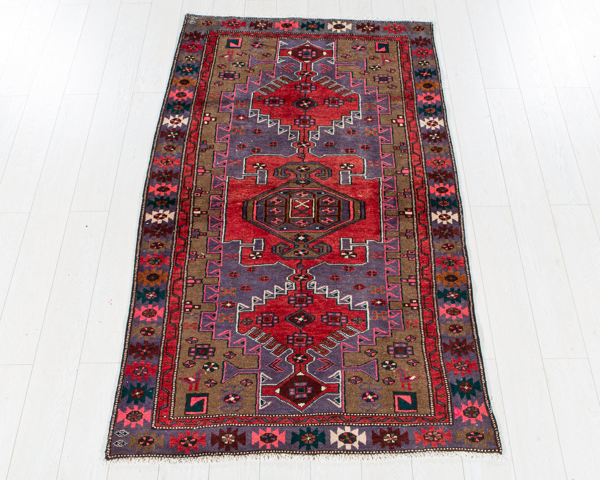 Vintage Purple, Red & Brown Hand-Knotted Wool Rug – 6' 5" x 3' 10" (196 x 116 cm)