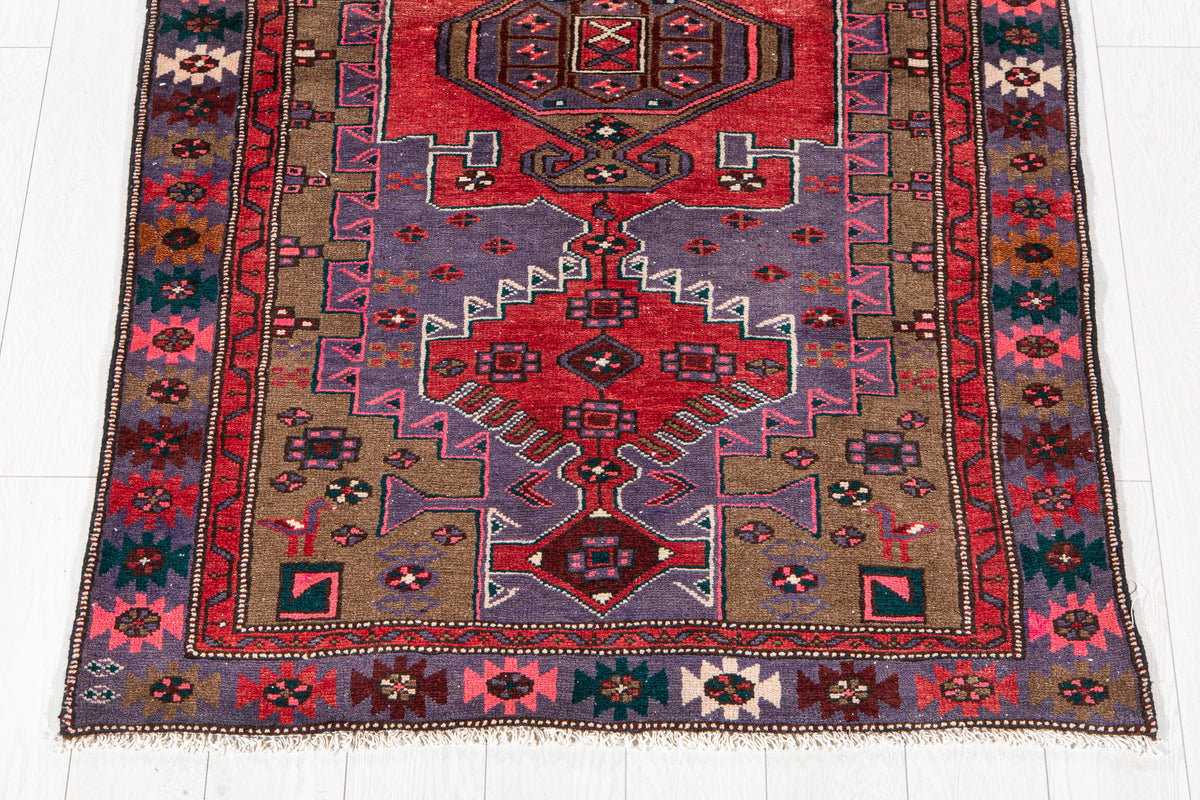 Vintage Purple, Red & Brown Hand-Knotted Wool Rug – 6' 5" x 3' 10" (196 x 116 cm)
