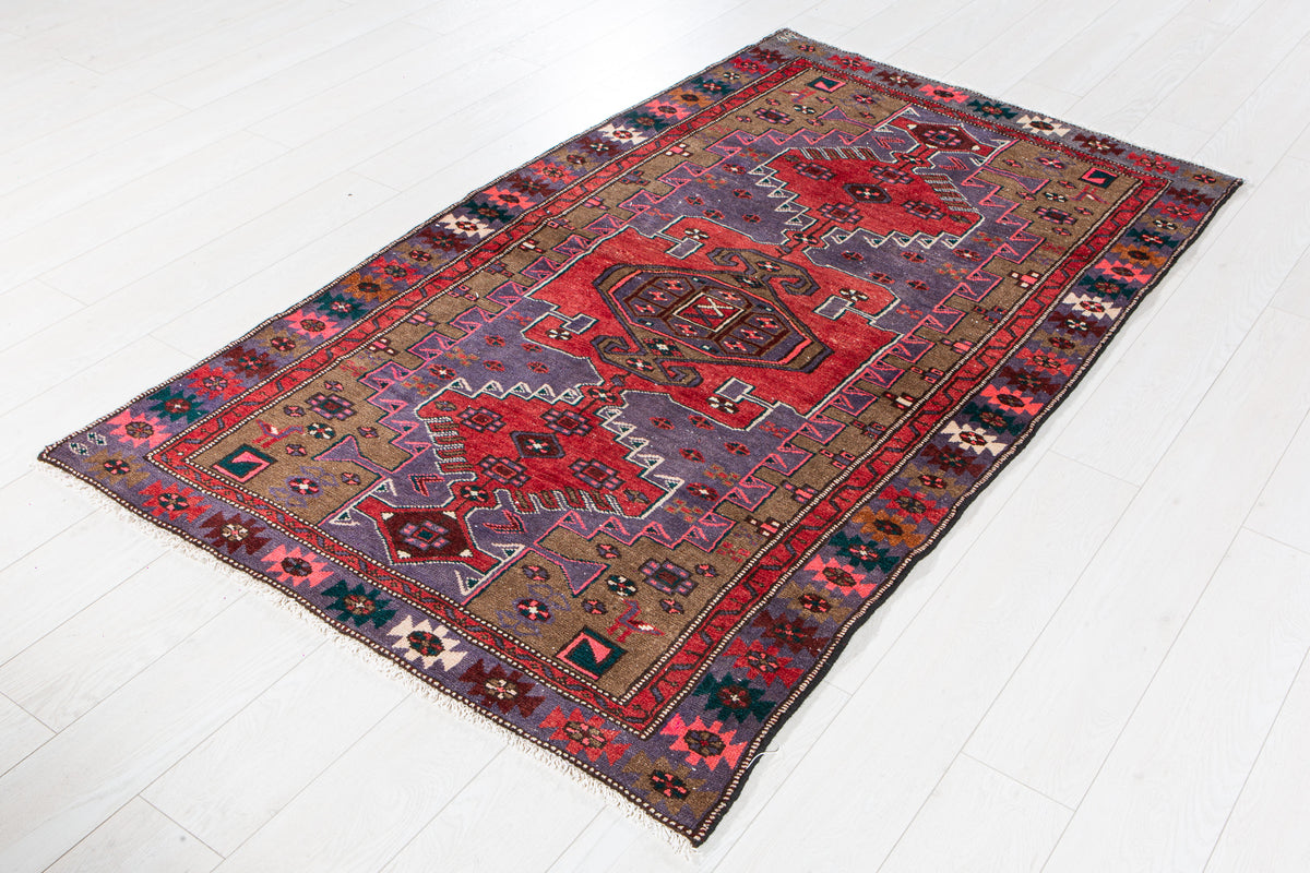 Vintage Purple, Red & Brown Hand-Knotted Wool Rug – 6' 5" x 3' 10" (196 x 116 cm)