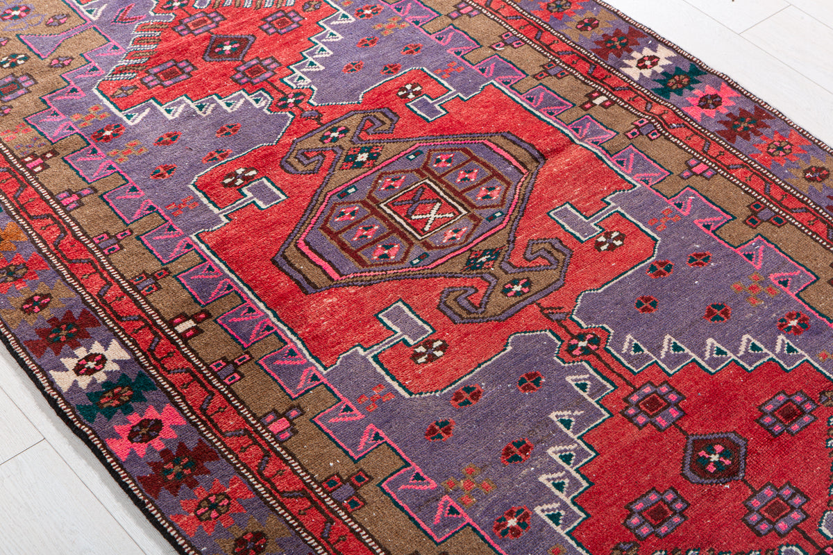 Vintage Purple, Red & Brown Hand-Knotted Wool Rug – 6' 5" x 3' 10" (196 x 116 cm)